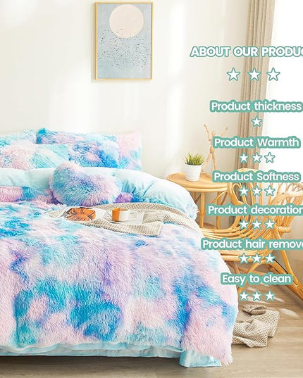 Tie dye Blue Plush Fluffy Comforter Cover Set Queen - Ultra Soft Faux Fur tie dye Bedding Sets 3 Pieces (1 Shaggy Duvet Cover + 2 Pillow case) Fluffy Bed Set (Tie Dye Blue, Queen) - LeafyLoom