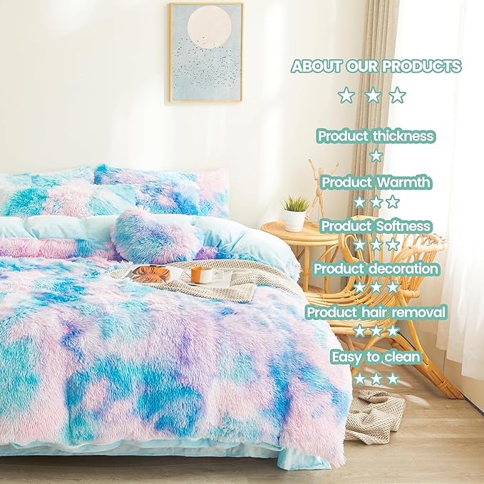 Tie dye Blue Plush Fluffy Comforter Cover Set Queen - Ultra Soft Faux Fur tie dye Bedding Sets 3 Pieces (1 Shaggy Duvet Cover + 2 Pillow case) Fluffy Bed Set (Tie Dye Blue, Queen) - LeafyLoom