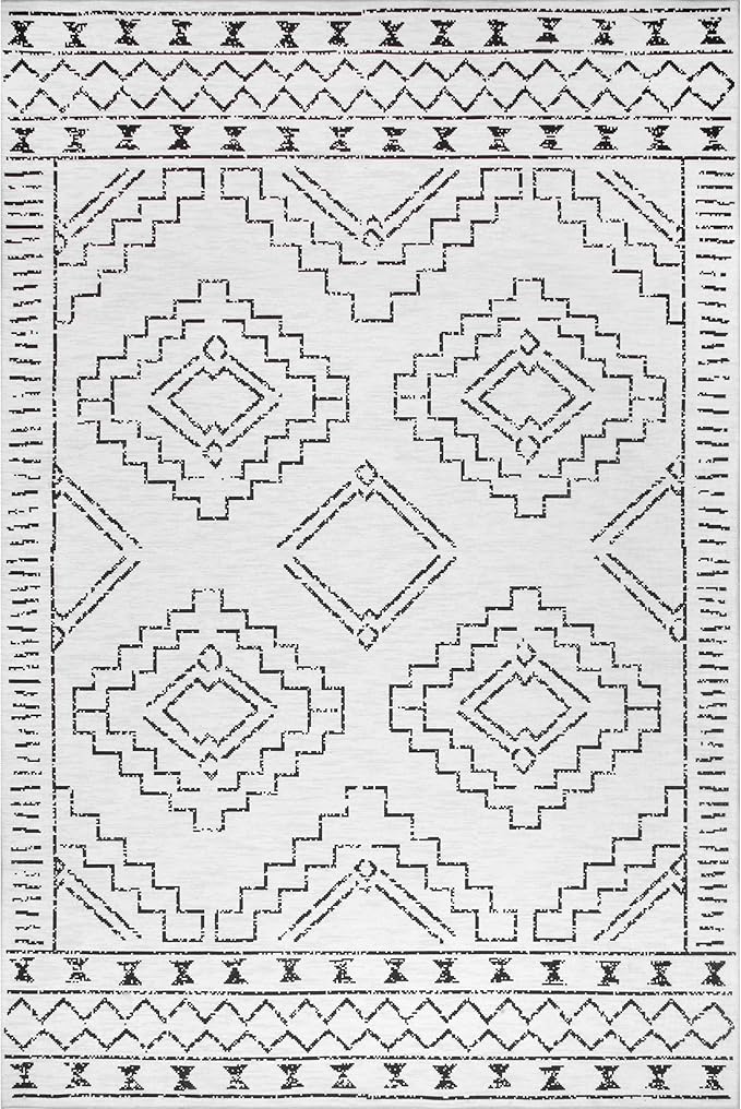 nuLOOM Noa Machine Washable Tribal Moroccan Ultra Thin Area Rug, 4x6, Ivory - LeafyLoom