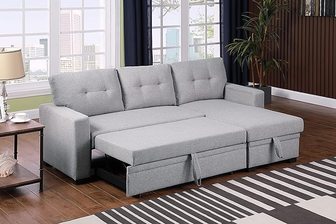 L Shaped Convertible Sofa, 82 Inch Sectional Couch Chaise, Linen Reversible Upholstered Pull Out Bed with Storage Space for Living Room, Apartment and Office, 82inch, Light Gray-2 - LeafyLoom