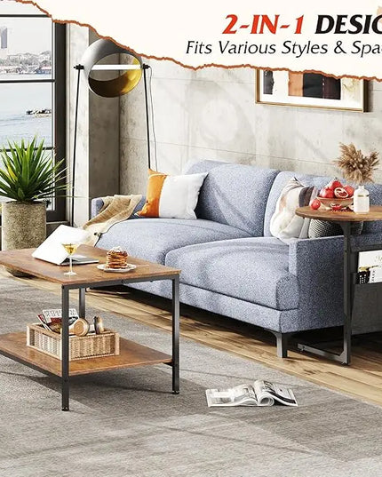 WLIVE Coffee Table and End Table Set, 31.3" Center Table and 18.7" Small Round Coffee Table with Side Pouch, Wood Nesting Coffee Table for Living Room, Bedroom, Rustic Brown - LeafyLoom