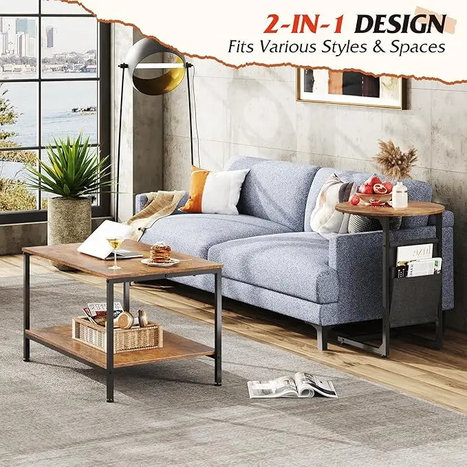 WLIVE Coffee Table and End Table Set, 31.3" Center Table and 18.7" Small Round Coffee Table with Side Pouch, Wood Nesting Coffee Table for Living Room, Bedroom, Rustic Brown - LeafyLoom