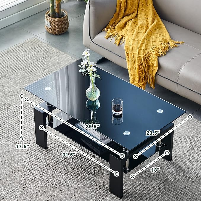 Living Room Rectangle Coffee Table, Tea Table Suitable for Waiting Room, Modern Side Coffee Table with Wooden Leg, Glass Tabletop with Lower Shelf, 39.5D x 23.5W x 17.5H in, Black - LeafyLoom