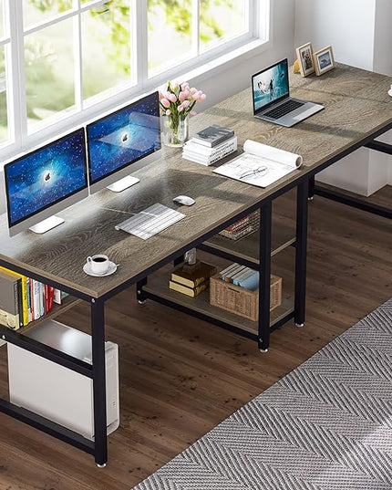 Tribesigns Two Person Desk with Bookshelf, 78.7 Computer Office Double Desk for Two Person, Rustic Writing Desk Workstation with Shelf for Home Office (Grey) - LeafyLoom