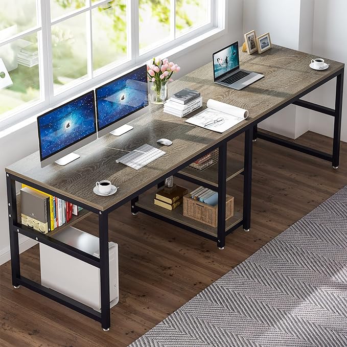 Tribesigns Two Person Desk with Bookshelf, 78.7 Computer Office Double Desk for Two Person, Rustic Writing Desk Workstation with Shelf for Home Office (Grey) - LeafyLoom
