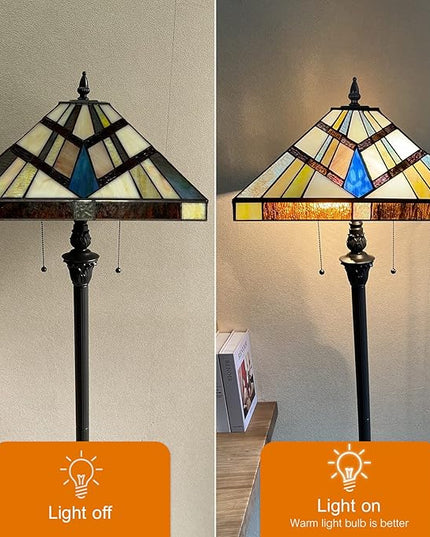 Capulina Tiffany Style Floor Lamp 2-Light 16x16x63 Inch Cream Amber Antique Mission Style Stained Glass Standing Light for Living Room Bedroom Home Office - LeafyLoom