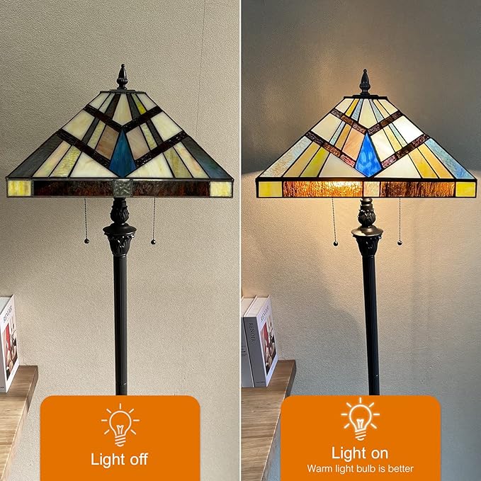 Capulina Tiffany Style Floor Lamp 2-Light 16x16x63 Inch Cream Amber Antique Mission Style Stained Glass Standing Light for Living Room Bedroom Home Office - LeafyLoom