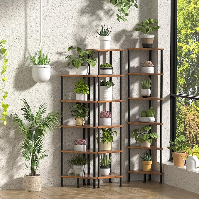 Corner Shelf, Corner Bookcase, Industrial 6-Tier Square Shelf Stand Display Rack,Wall Corner Bookshelf,Tall Shelf Plant Stand for Small Spaces, Living Room, Home Office, Kitchen - LeafyLoom