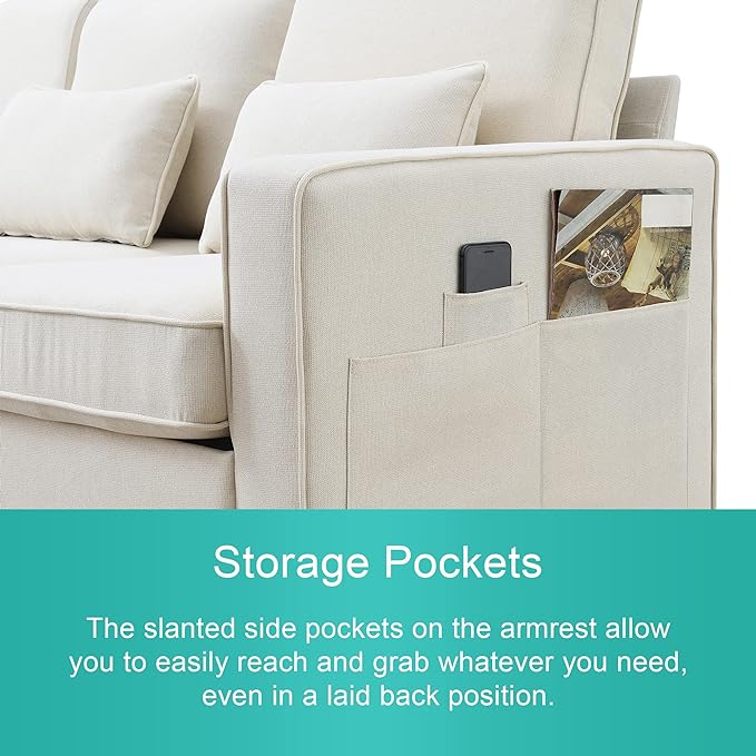 Sectional Living Room,Minimalist I Shape Couch,Compact Linen Fabric Modular Upholstered Sofa with Armrest Pocket and Removable Cushions,4 Pillow, 104" (4 Seater), Beige - LeafyLoom