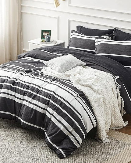 Bedsure Bed in a Bag California King Size 7 Pieces, Black White Striped Bedding Comforter Sets All Season Bed Set, 2 Pillow Shams, Flat Sheet, Fitted Sheet and 2 Pillowcases - LeafyLoom