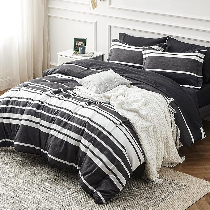 Bedsure Bed in a Bag King Size 7 Pieces, Black White Striped Bedding Comforter Sets All Season Bed Set, 2 Pillow Shams, Flat Sheet, Fitted Sheet and 2 Pillowcases - LeafyLoom