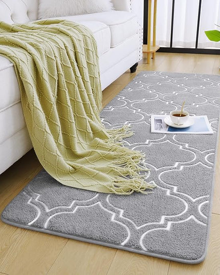 Chicrug Shag Geometric Modern Runner Rug for Bedroom, 2x6 Feet Memory Foam Indoor Hallway Runner Carpet, Fluffy Rug for Living Room Bedside Room Decor for Family, Grey/White - LeafyLoom
