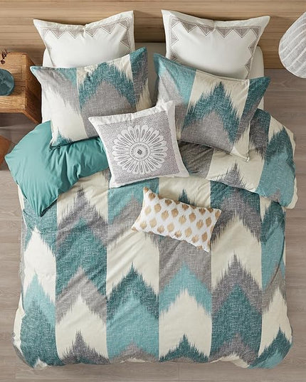 INK+IVY Queen Size Comforter Set, Cozy Cotton Comforter, All Season, Lightweight Comforter Queen Bed Set with 2 Matching Shams, Modern Cabin Lodge Ikat Chevron Design, Aqua Full/Queen 3 Piece - LeafyLoom