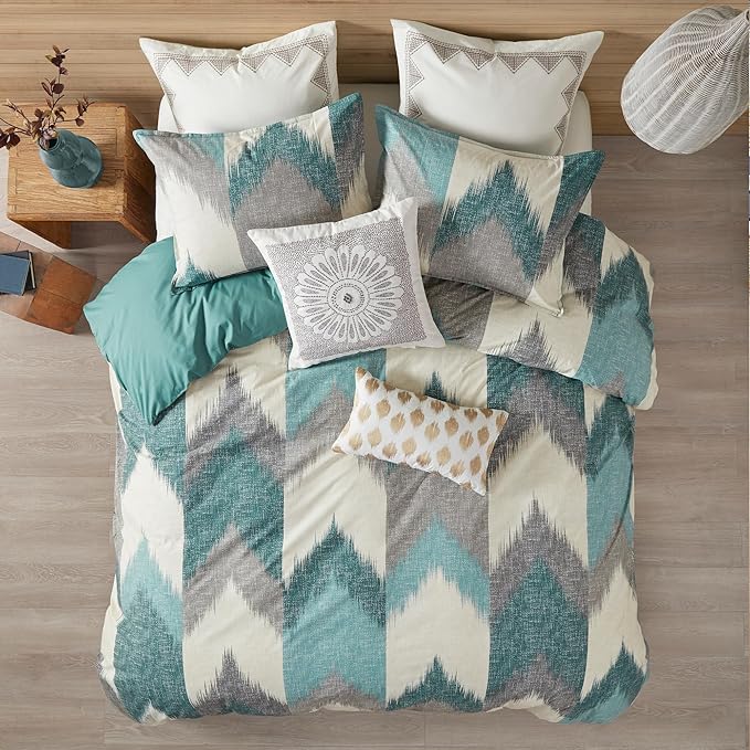 INK+IVY Queen Size Comforter Set, Cozy Cotton Comforter, All Season, Lightweight Comforter Queen Bed Set with 2 Matching Shams, Modern Cabin Lodge Ikat Chevron Design, Aqua Full/Queen 3 Piece - LeafyLoom