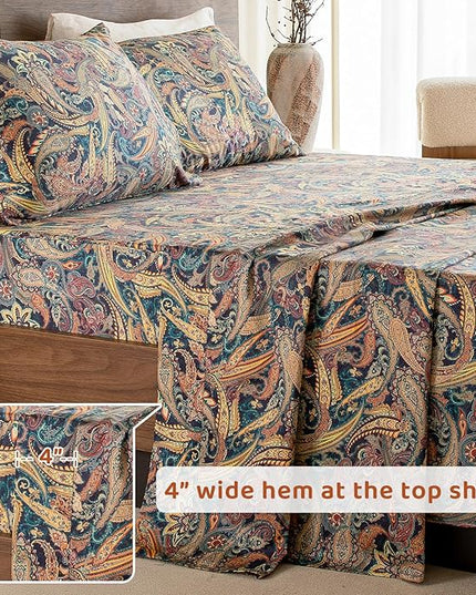 QSH Boho Bed Sheets Queen Size - 100% Egyptian Cotton Sheets Elegant Paisley Flower Pattern Printed Bedding Sheets Queen Size Bohemian Bedding 4pcs Deep Pockets Bed Sheets - LeafyLoom