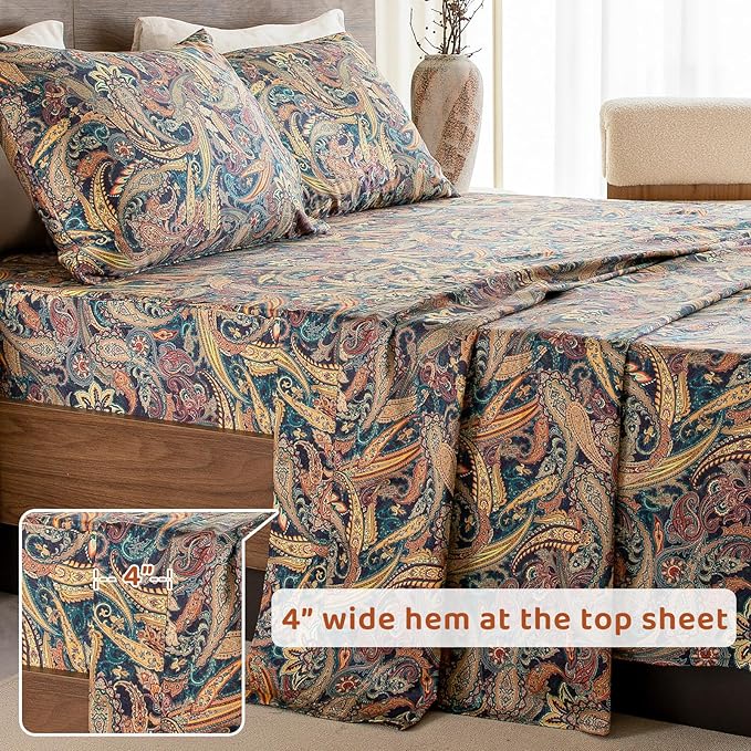 QSH Boho Sheets King Size - Bohemian Bedding Paisley Pattern Printed Bedsheets Sets King Size Bed Sheets 100% Egyptian Cotton 17.5" Extra Deep Pocket 4pcs - LeafyLoom