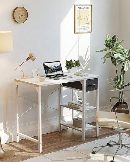 CubiCubi Computer Desk, 35 Inch Small Home Office Desk with Drawer Storage Shelves for Small Space, Writing Study Desk, White - LeafyLoom