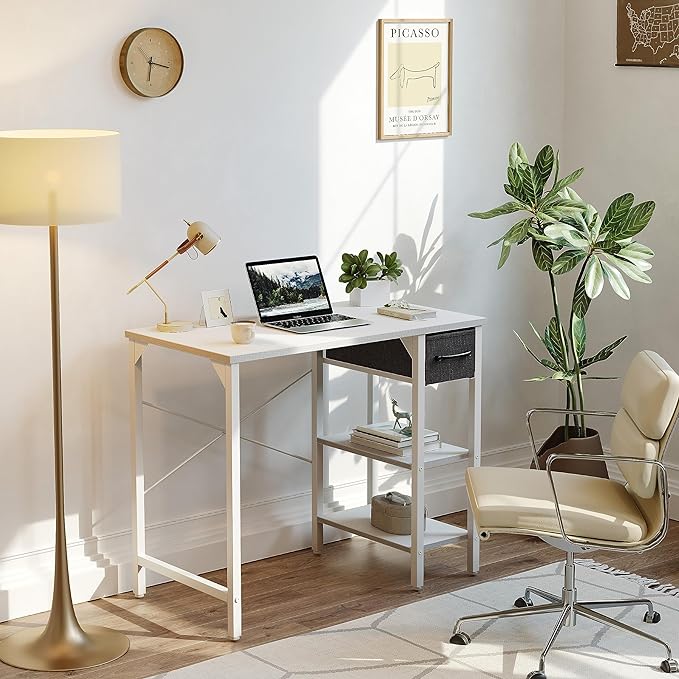 CubiCubi Computer Desk, 35 Inch Small Home Office Desk with Drawer Storage Shelves for Small Space, Writing Study Desk, White - LeafyLoom