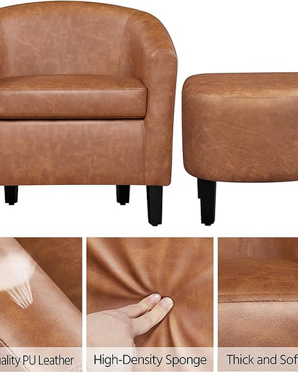 Yaheetech Accent Chair with Ottoman Footstool, PU Leather Modern Upholstered Soft Barrel Chair, Comfy Club Armchair and Footrest Set for Living Room/Bedroom/Reading Room/Guestroom, Brown - LeafyLoom