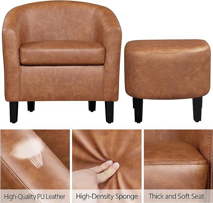 Yaheetech Accent Chair with Ottoman Footstool, PU Leather Modern Upholstered Soft Barrel Chair, Comfy Club Armchair and Footrest Set for Living Room/Bedroom/Reading Room/Guestroom, Brown - LeafyLoom