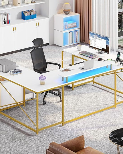 YITAHOME U Shaped Desk with Power Outlets & LED Lights, 79" Reversible L Shaped Desk with Drawers, Corner Computer Desk Office Desk with Monitor Stand & Storage Shelves, White & Gold - LeafyLoom