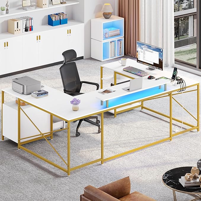 YITAHOME U Shaped Desk with Power Outlets & LED Lights, 79" Reversible L Shaped Desk with Drawers, Corner Computer Desk Office Desk with Monitor Stand & Storage Shelves, White & Gold - LeafyLoom
