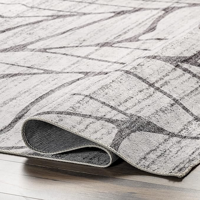 nuLOOM Lanette Abstract Leaves Machine Washable Ultra Thin Area Rug, 3' x 5', Light Grey - LeafyLoom