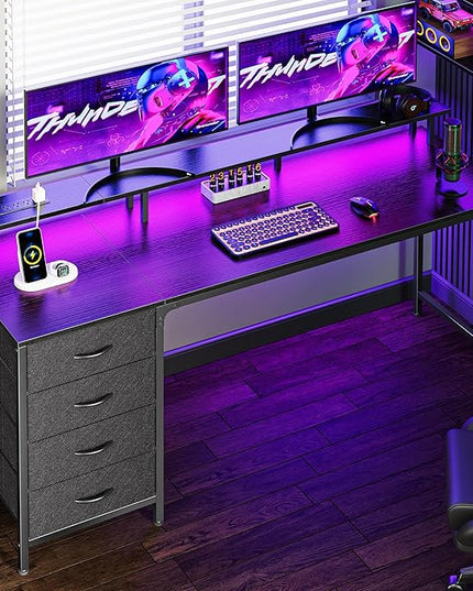 63 Inch Computer Desk with Power Outlets and LED Lights, Gaming Desk with 4 Drawers, Office Desk with Monitor Stand, Study Desk Work Desk for Home Office, Black - LeafyLoom