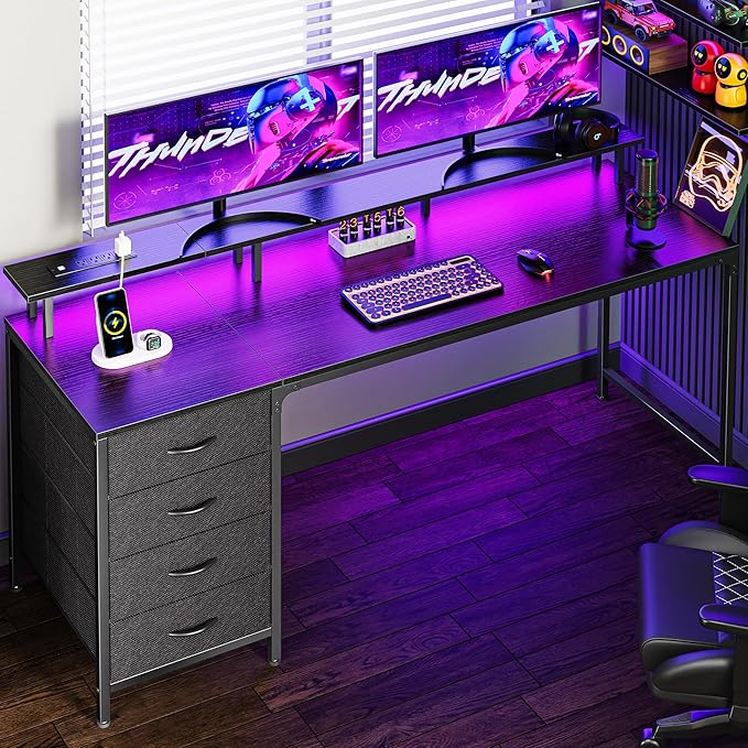 63 Inch Computer Desk with Power Outlets and LED Lights, Gaming Desk with 4 Drawers, Office Desk with Monitor Stand, Study Desk Work Desk for Home Office, Black - LeafyLoom