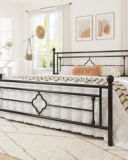 Allewie King Size Metal Platform Bed Frame with Victorian Vintage Headboard and Footboard/Mattress Foundation/Under Bed Storage/No Box Spring Needed/Noise-Free/Easy Assembly, Black - LeafyLoom