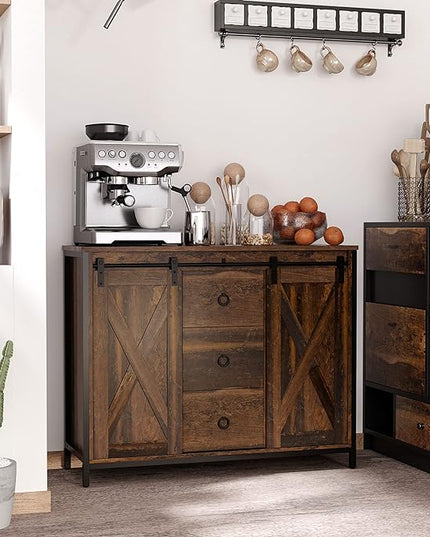 HOMCOM Industrial Farmhouse Buffet Cabinet, Kitchen Sideboard with Sliding Barn Doors, Three Drawers and Adjustable Shelves for Living Room, Rustic Brown - LeafyLoom