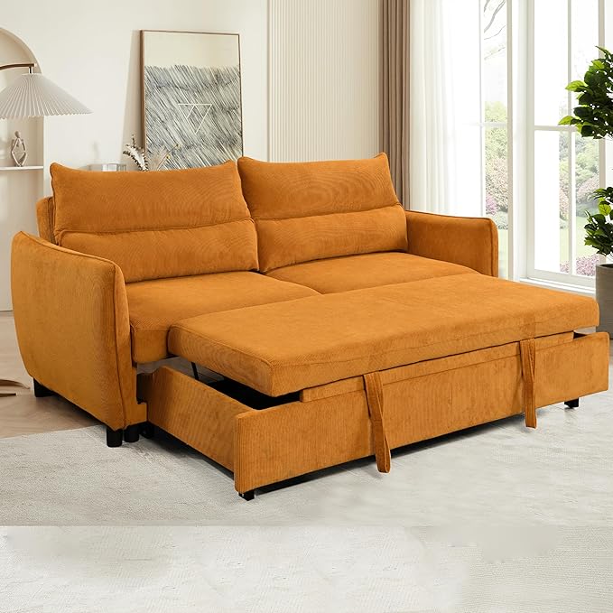 Queen Size Loveseat Sleeper Sofa,3 in 1 Soft Corduroy Upholstered Oversized Convertible Love Seat Sofabed cum Daybed W/Pull Out Sleep Couch Bed and Reclining Backrest for Living Space - LeafyLoom