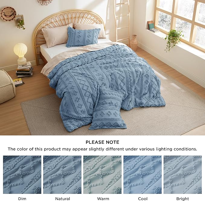 Bedsure Twin/Twin XL Comforter Set Dorm Bedding - Grayish Blue Boho Bedding Comforter Set, 2 Pieces Farmhouse Shabby Chic Embroidery Bed Set, Soft Jacquard Tufted Comforter for College - LeafyLoom