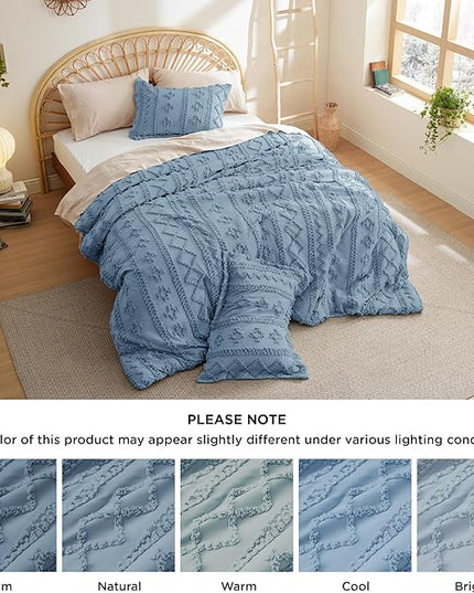 Bedsure Tufted Boho Comforter Set Full - Grayish Blue Boho Bedding Comforter Set, 3 Pieces Farmhouse Shabby Chic Embroidery Bed Set, Soft Jacquard Comforter for All Seasons - LeafyLoom