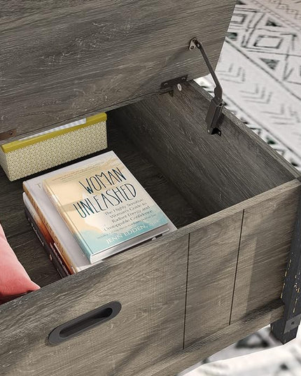 Bestier Farmhouse Coffee Table, Square Wood Center Table with Large Hidden Storage Compartment for Living Room, Rustic Cocktail Table with Hinged Lift Top for Home, Grey - LeafyLoom