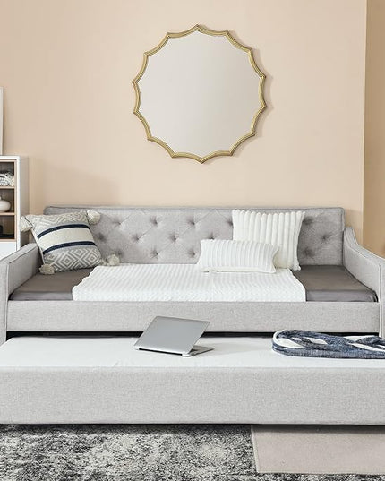 Full Size Daybed with win Size Trundle, Upholstered Tufted Day Bed, with Button Back and Waved Shape Arms, Wood Slat Support, No Spring Box Need, for Bedroom, Livingroom, Beige - LeafyLoom