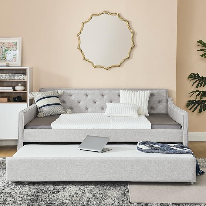 Full Size Daybed with win Size Trundle, Upholstered Tufted Day Bed, with Button Back and Waved Shape Arms, Wood Slat Support, No Spring Box Need, for Bedroom, Livingroom, Beige - LeafyLoom