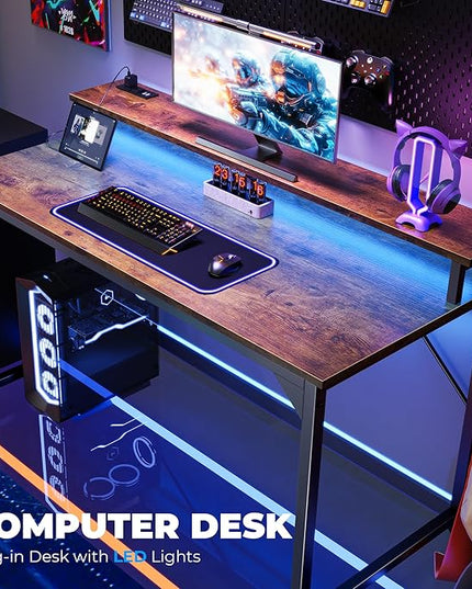 SUPERJARE 47 inch Computer Desk with LED Lights & Power Outlets, Home Office Desk with Monitor Shelf, Small Desk for Home & Office, Rustic Brown - LeafyLoom