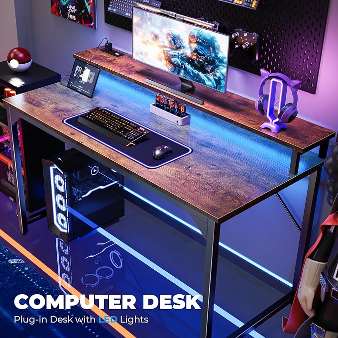 SUPERJARE 47 inch Computer Desk with LED Lights & Power Outlets, Home Office Desk with Monitor Shelf, Small Desk for Home & Office, Rustic Brown - LeafyLoom