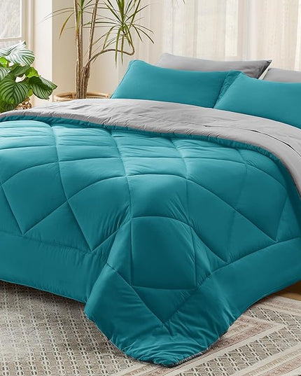 Bedsure Teal Queen Comforter Set - 7 Pieces Reversible Queen Bed in a Bag Queen Bed Set with Comforters, Sheets, Pillowcases & Shams, Queen Bedding Sets - LeafyLoom