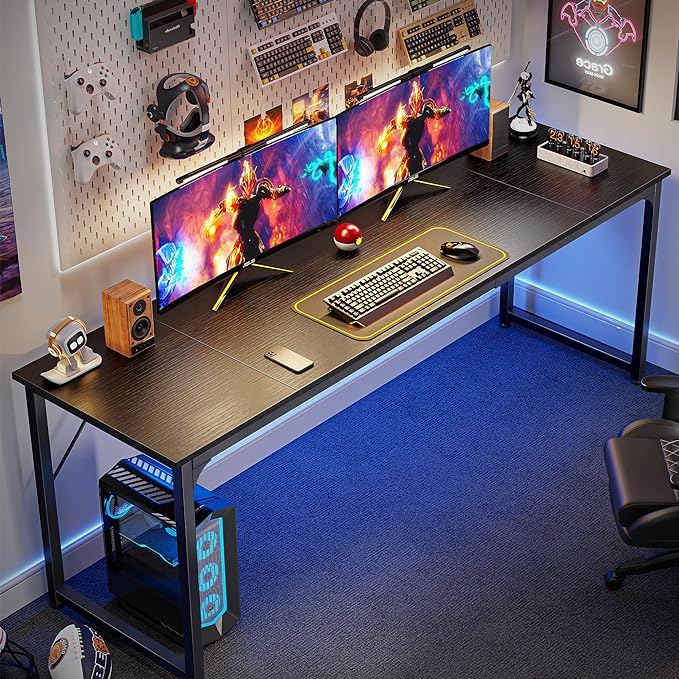 Computer Desk, 80 Inch Office Desk, Gaming Desk with Storage, Writing Desk Work Desk for Home Office, Study, Long Simple Desk, Large Legroom, Metal Frame, Black - LeafyLoom