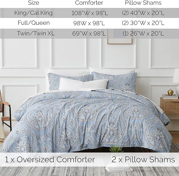 Southshore Fine Living, Inc. Oversized King Comforter Bedding Set, Down Alternative Boho Bedspread, Paisley Print Comforter, King/California King with 2 Matching Shams, Pure Melody Aqua - LeafyLoom
