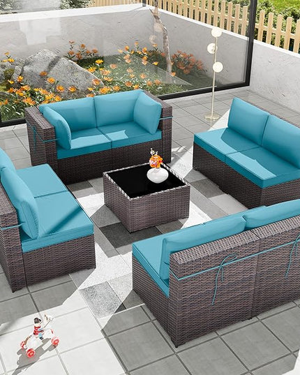 Patio Furniture Set 9-Pieces Outdoor Furniture for Backyard Wicker Sectional Sofa Set, Rattan Patio Conversation Set with Thickened Cushions and Glass Coffee Table, Turquoise - LeafyLoom