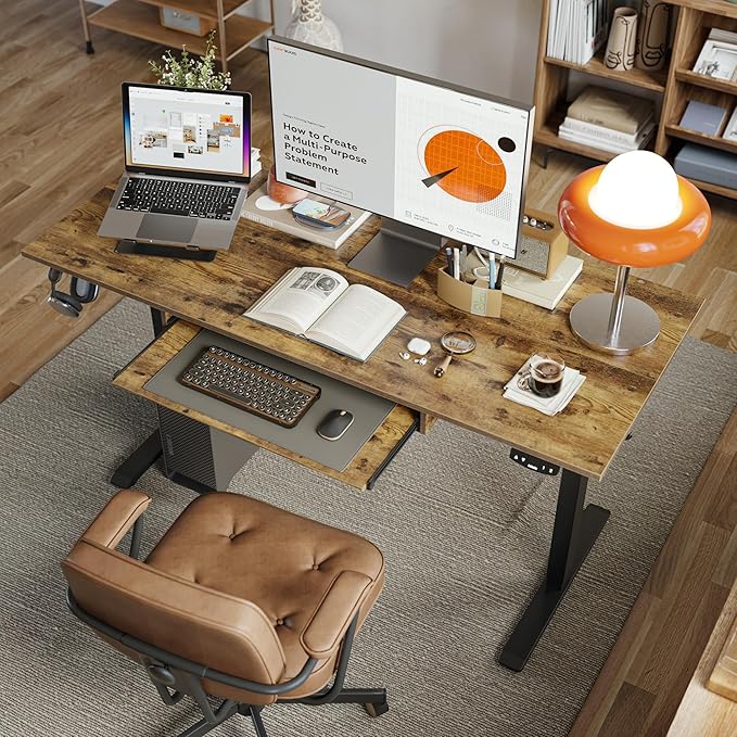 Height Adjustable Desk with Keyboard Tray, 55 x 24 Inches Electric Standing Desk, Stand up Computer Table with Memory Preset, Modern Lift Motorized Gaming Workstation, Rustic Brown - LeafyLoom