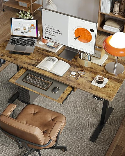 Height Adjustable Desk with Keyboard Tray, 48 x 24 Inches Electric Standing Desk, Stand up Computer Table with Memory Preset, Modern Lift Motorized Gaming Workstation, Rustic Brown - LeafyLoom