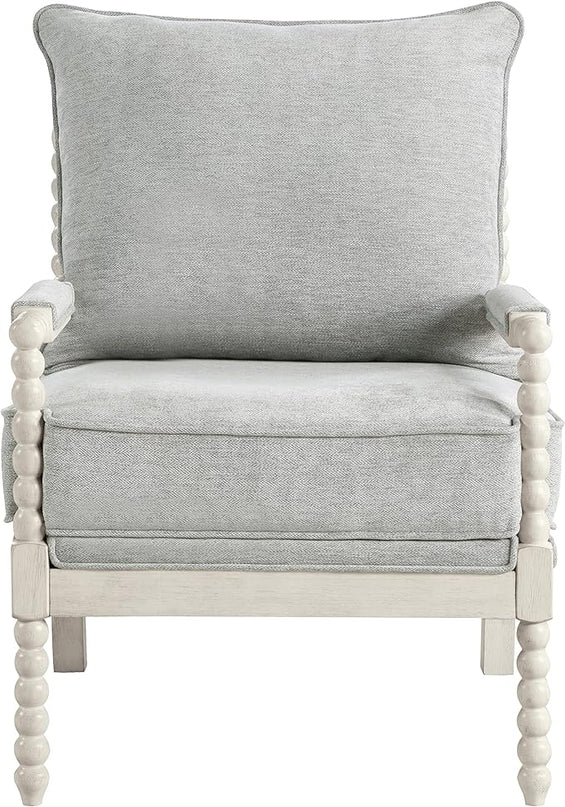 OSP Home Furnishings Kaylee Spindle Accent Chair with Antique White Wood Frame, 26.5” W x 32.25” D x 37” H, Smoke Grey Fabric - LeafyLoom