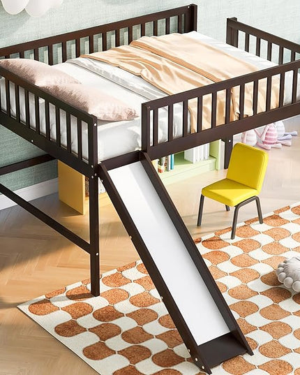 Merax Kids Wood Full Low Loft Bed with Ladder and Slide, Junior Loft Bunk Bed for Boys, Girls,No Box Spring Needed, Espresso - LeafyLoom