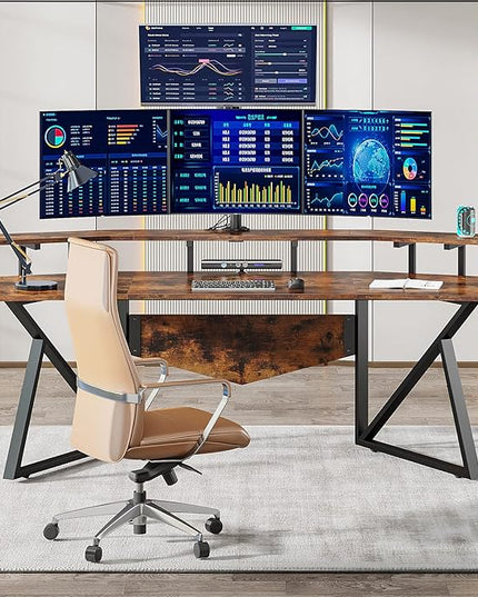 70.9" Large Computer Desk Home Office Desk Wing-Shaped Gaming Studio Desk, Rustic Brown - LeafyLoom