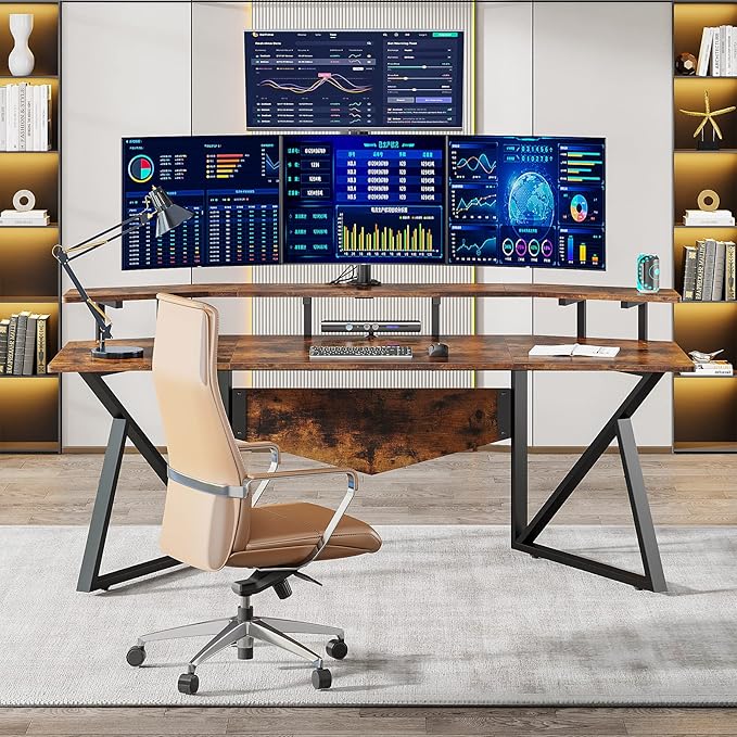 70.9" Large Computer Desk Home Office Desk Wing-Shaped Gaming Studio Desk, Rustic Brown - LeafyLoom