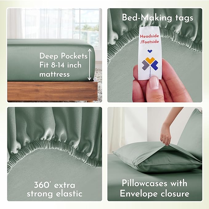 California Design Den Soft 100% Cotton King Size Sheet Set Bed Sheets with Deep Pocket, 4 Piece King Sheet Set with Sateen Weave, Cooling Sheets - Sage Green - LeafyLoom